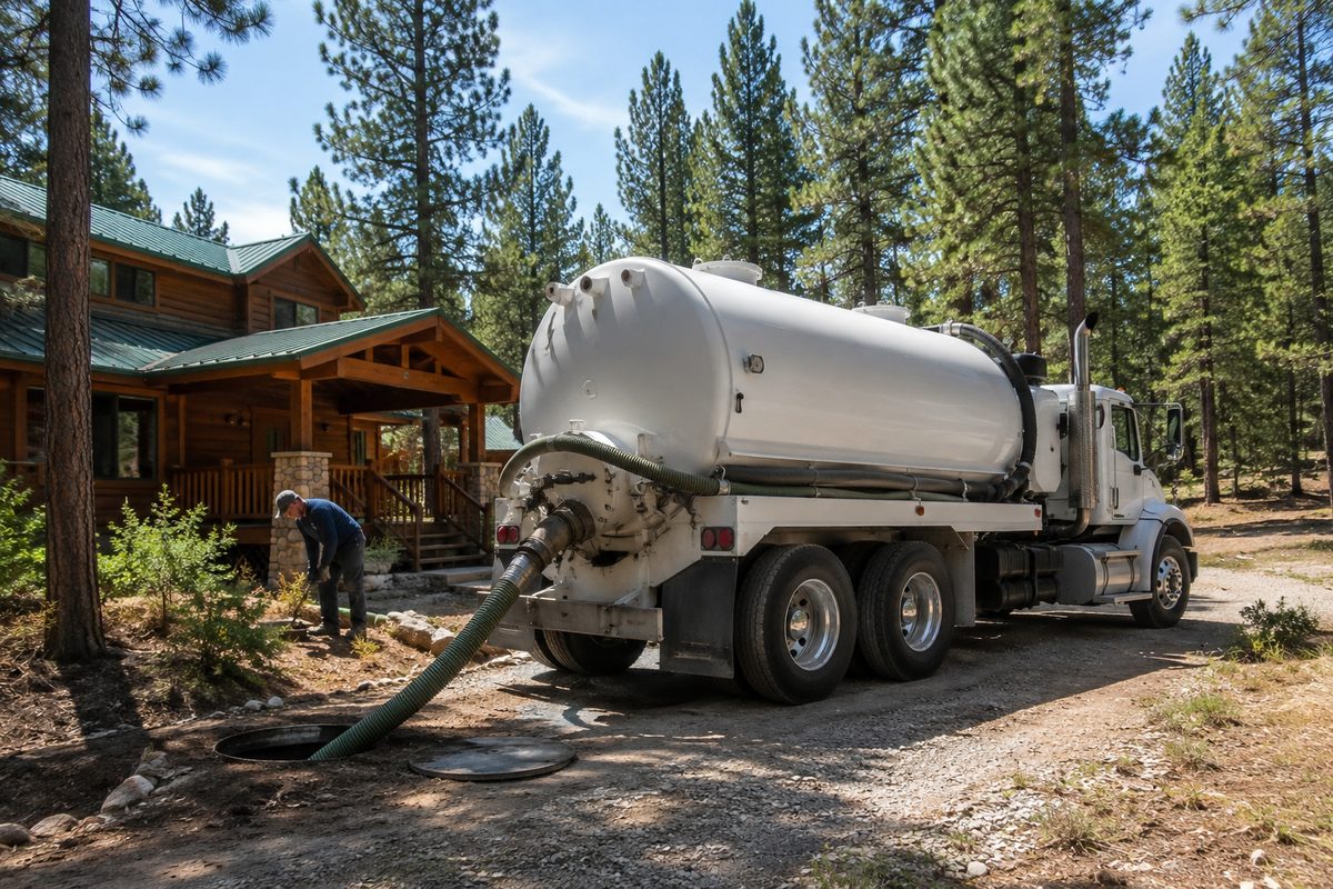 Septic tank being pumped by a vacuum truck hose at a rural property