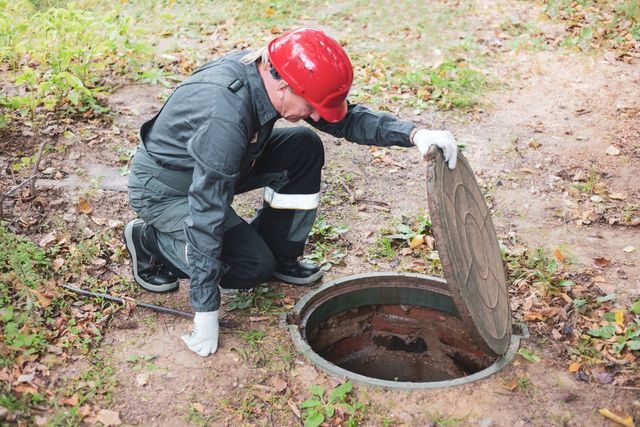 Technician inspecting an open septic tank lid during a system inspection