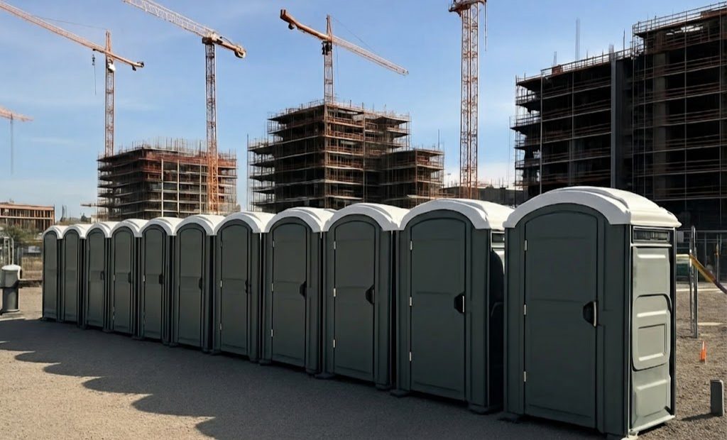 Portable toilets staged on an active construction site